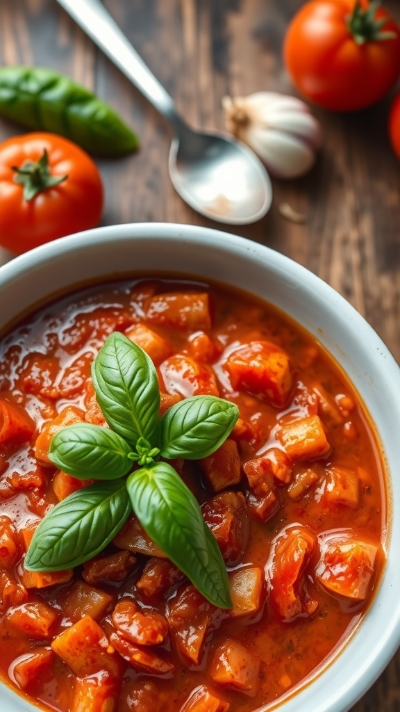 Classic Tomato Sauce Recipe A bowl of rich tomato sauce garnished with basil, surrounded by fresh tomatoes on a wooden table.
